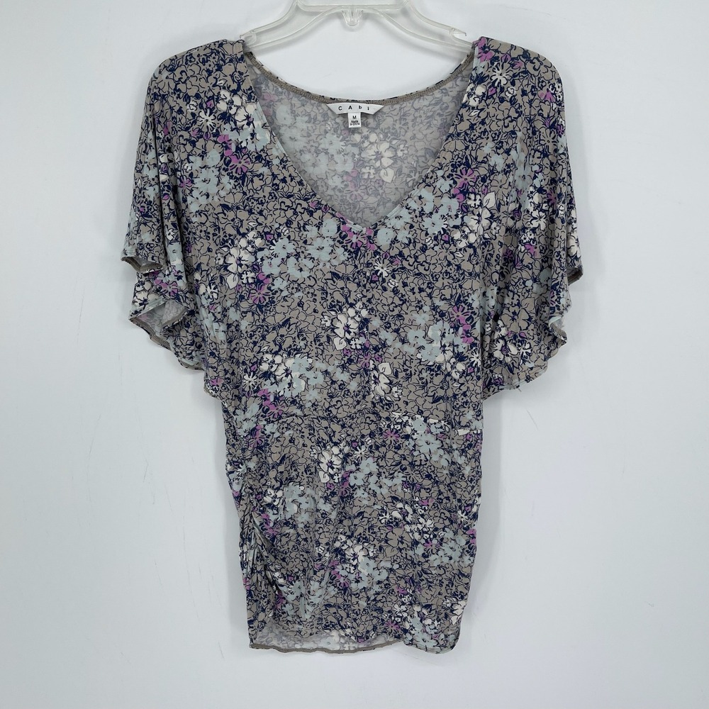 Cabi Women's Multicolor Floral‎ Flutter Sleeve V-Neck Stretch Top Blouse Size M